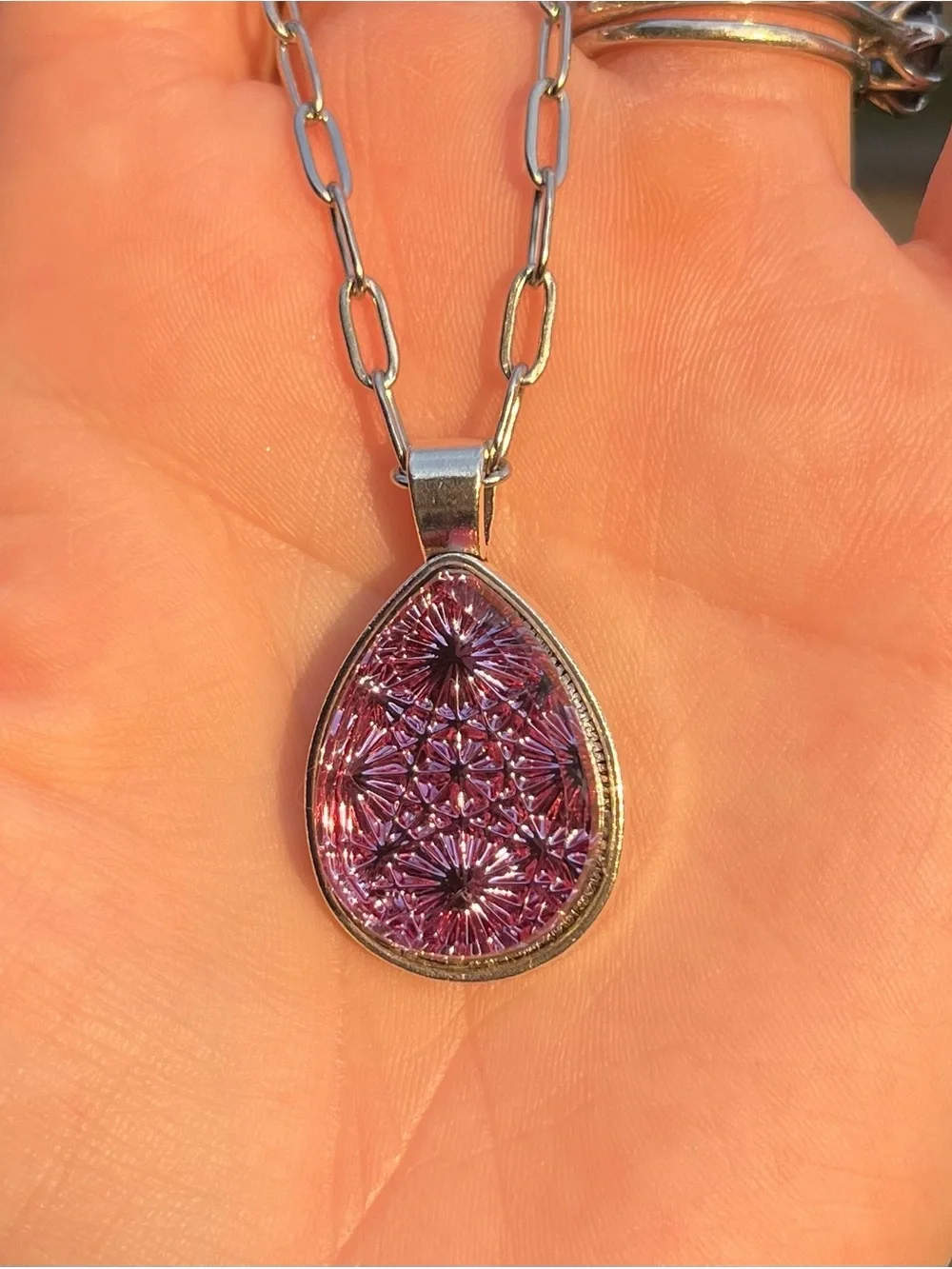 Pressed Glass Spider Web Kaleidoscope Purple teardrop pendant